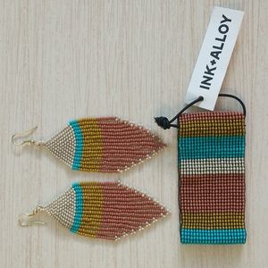 Ink+Alloy Rust Ivory Citron + Turquoise Stripe Fringe Earrings and Bead Bracelet